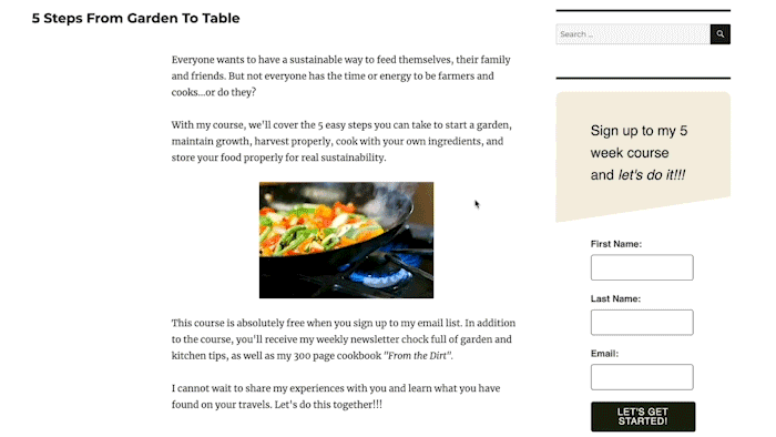 GIF of an inline email sign up form