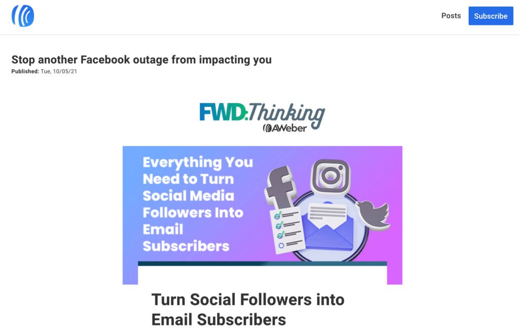 A single page from the AWeber Newsletter about turning social followers into subscribers.