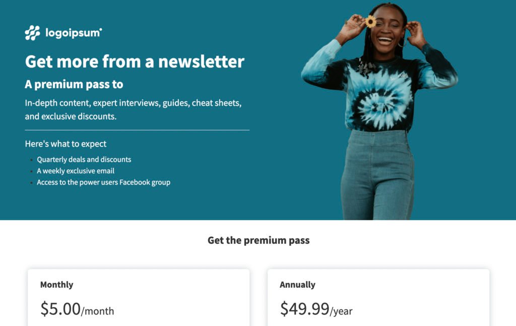 A landing page (one of our templates) that offers a premium subscription at a monthly cost of $5 or an annual cost of $49.99.