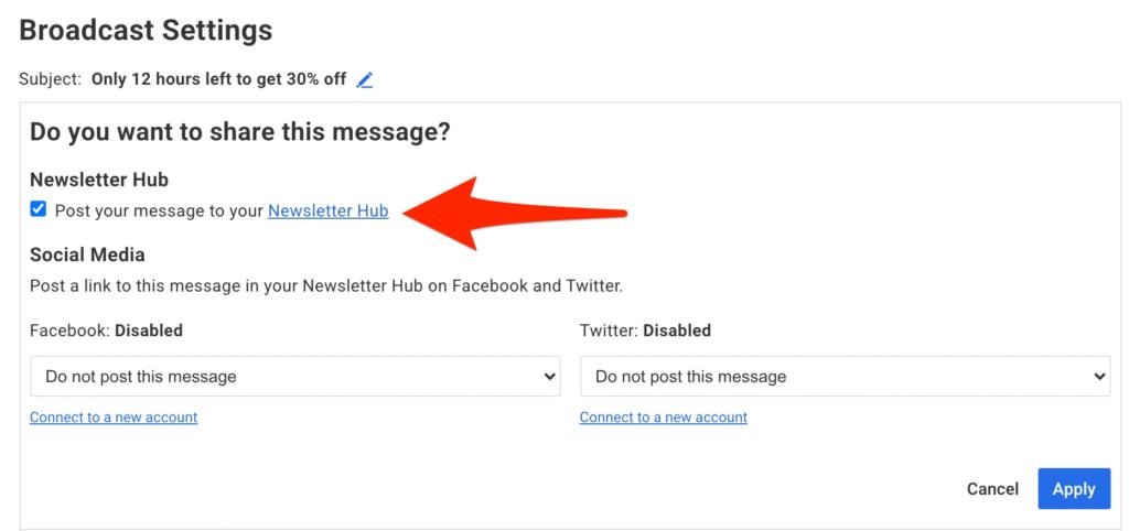 The box to add your broadcast emails to your Newsletter Hub in the settings.