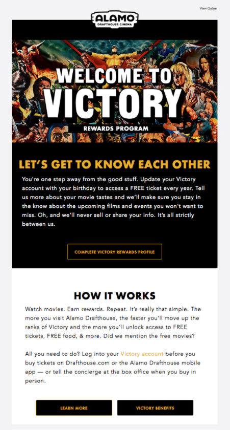 Loyalty program email example from Alamo Drafthouse Cinema