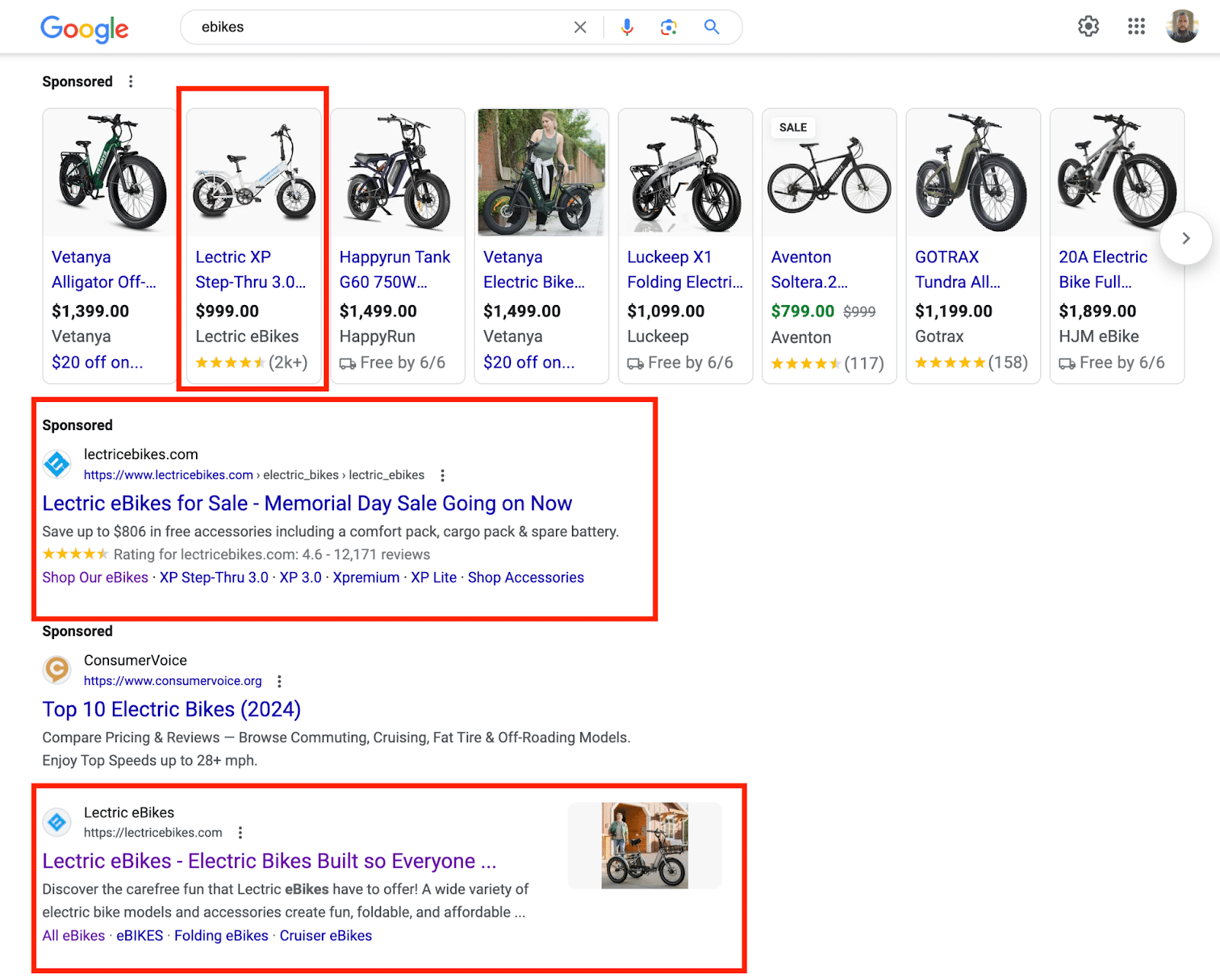  Google SERP layout for "ebikes" keyword